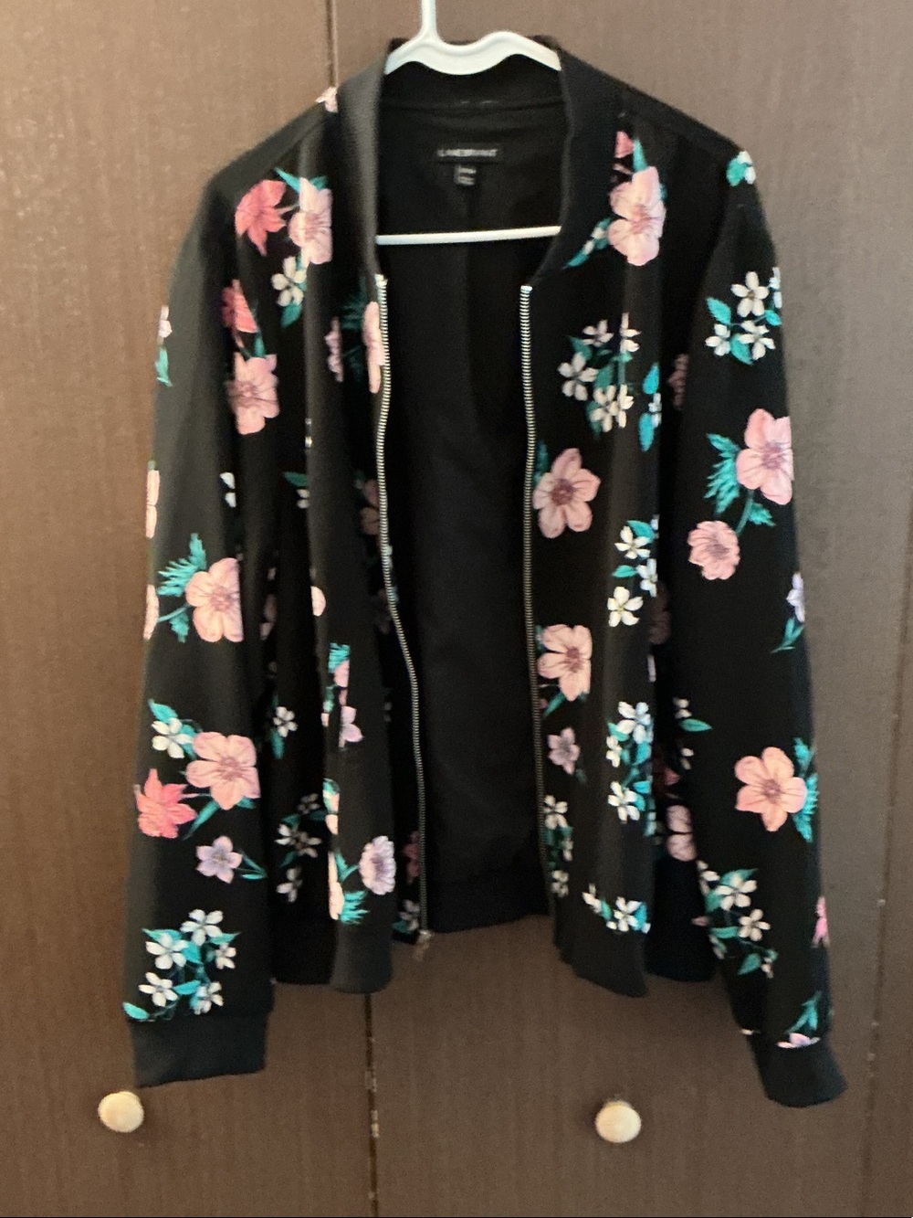 Lane Bryant Black Bomber Jacket with Pink & Teal Floral Print